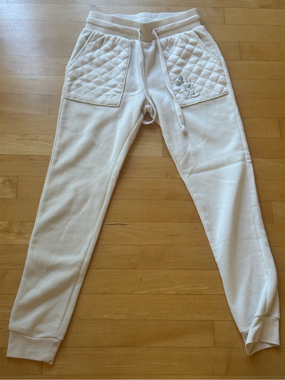 Official Disney Quilted Pocket Sweatpants with Mickey Mouse Embroidery - Cream
